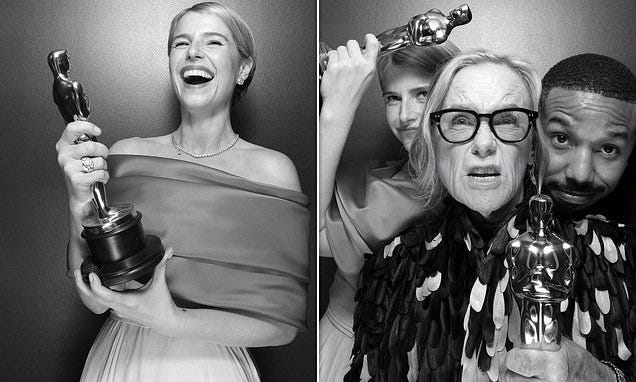 Oscar winners Jessie Buckley, Michael B. Jordan and Amy Madigan pose with  their statuettes for fun backstage photobooth snaps | Daily Mail Online