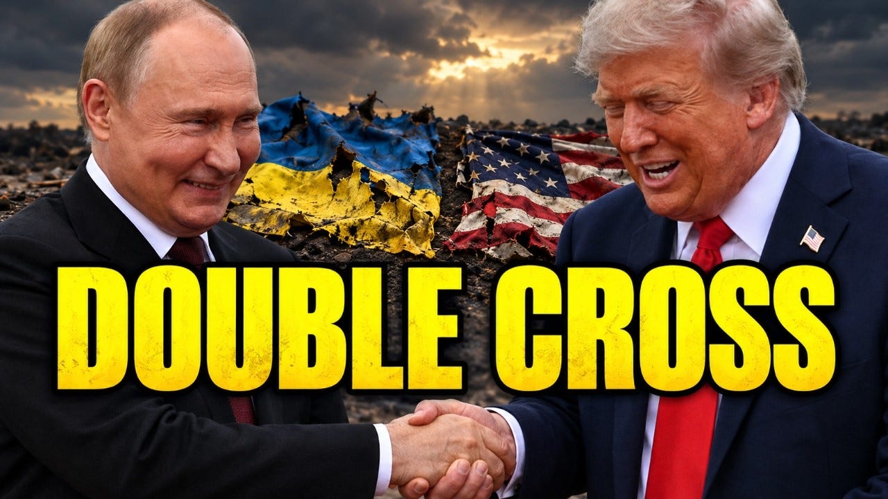 Turmp and Putin shaking hands with the caption "Double Cross"
