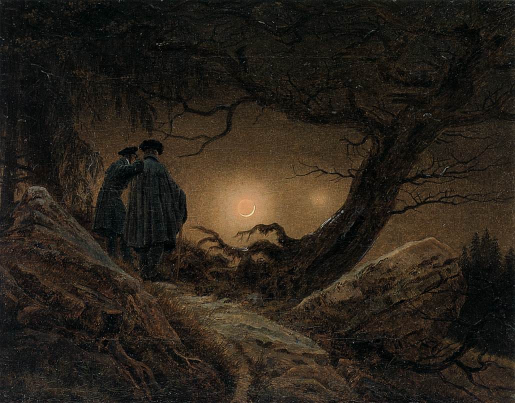 Two small figures stand among gnarled trees gazing at a low crescent moon in a dark sky Two small figures stand among gnarled trees gazing at a low crescent moon in a dark sky