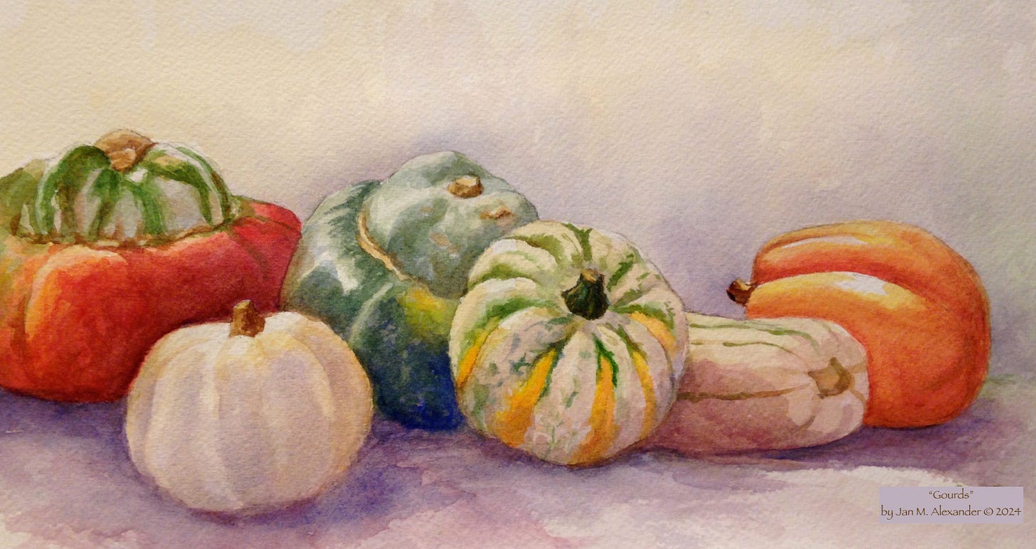 Watercolor painting of gourds by Jan M. Alexander.