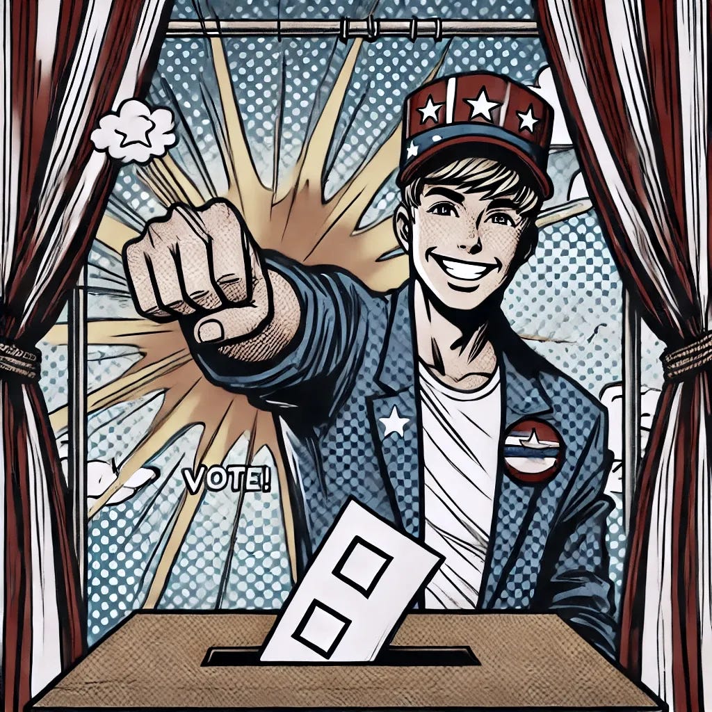 A playful comic book style drawing of a person voting in a voting booth. The scene is dynamic, with exaggerated features typical of comic art, bright colors, and a sense of action. The voter is smiling, and the voting booth has details like curtains and a ballot box. The overall tone is light-hearted and animated.