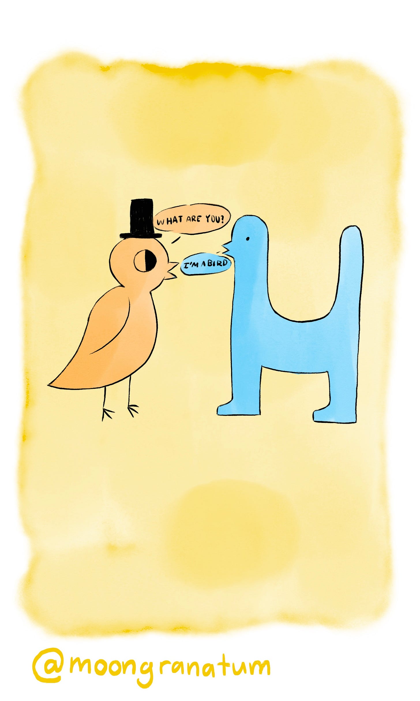 Moongranatum, a digital watercolor comic about birds. Panel 2 text reads: What are you? I am a bird? Moongranatum, a digital watercolor comic about birds. Panel 2 text reads: What are you? I am a bird?