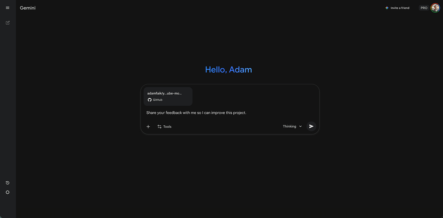 A screenshot of the Gemini chat interface showing a GitHub repository card attached to the prompt area, ready for code analysis.