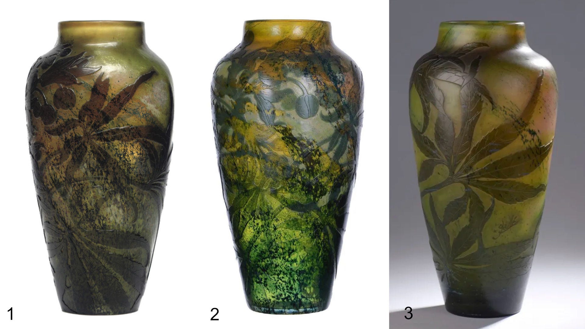Three Helleborus Foetidus urn shaped vases (35.5 cm) from Émile Gallé or Établissements Gallé: 1. Christie's, Live Auction 7423, 04.03.2007; 2. Douglass 03.18.2017 lot 20; 3. Rossini 06.24.2021 lot 79. Three Helleborus Foetidus urn shaped vases (35.5 cm) from Émile Gallé or Établissements Gallé: 1. Christie's, Live Auction 7423, 04.03.2007; 2. Douglass 03.18.2017 lot 20; 3. Rossini 06.24.2021 lot 79.
