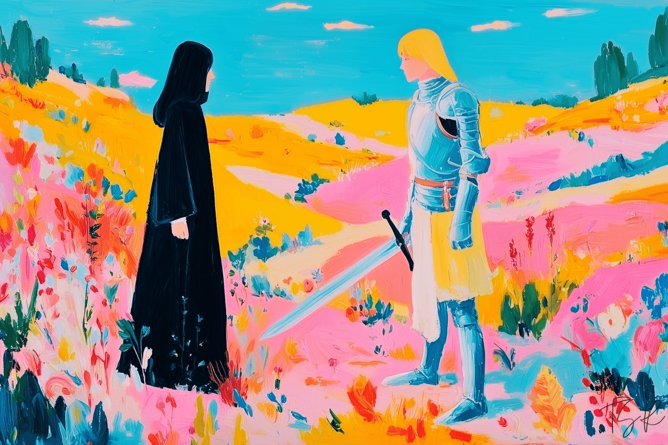 Book review featured image for "Apparently, Sir Cameron Needs to Die": An impressionist oil painting of a blond knight in silver armor facing a hooded figure in a vibrant pink and yellow flower field. Book review featured image for "Apparently, Sir Cameron Needs to Die": An impressionist oil painting of a blond knight in silver armor facing a hooded figure in a vibrant pink and yellow flower field.
