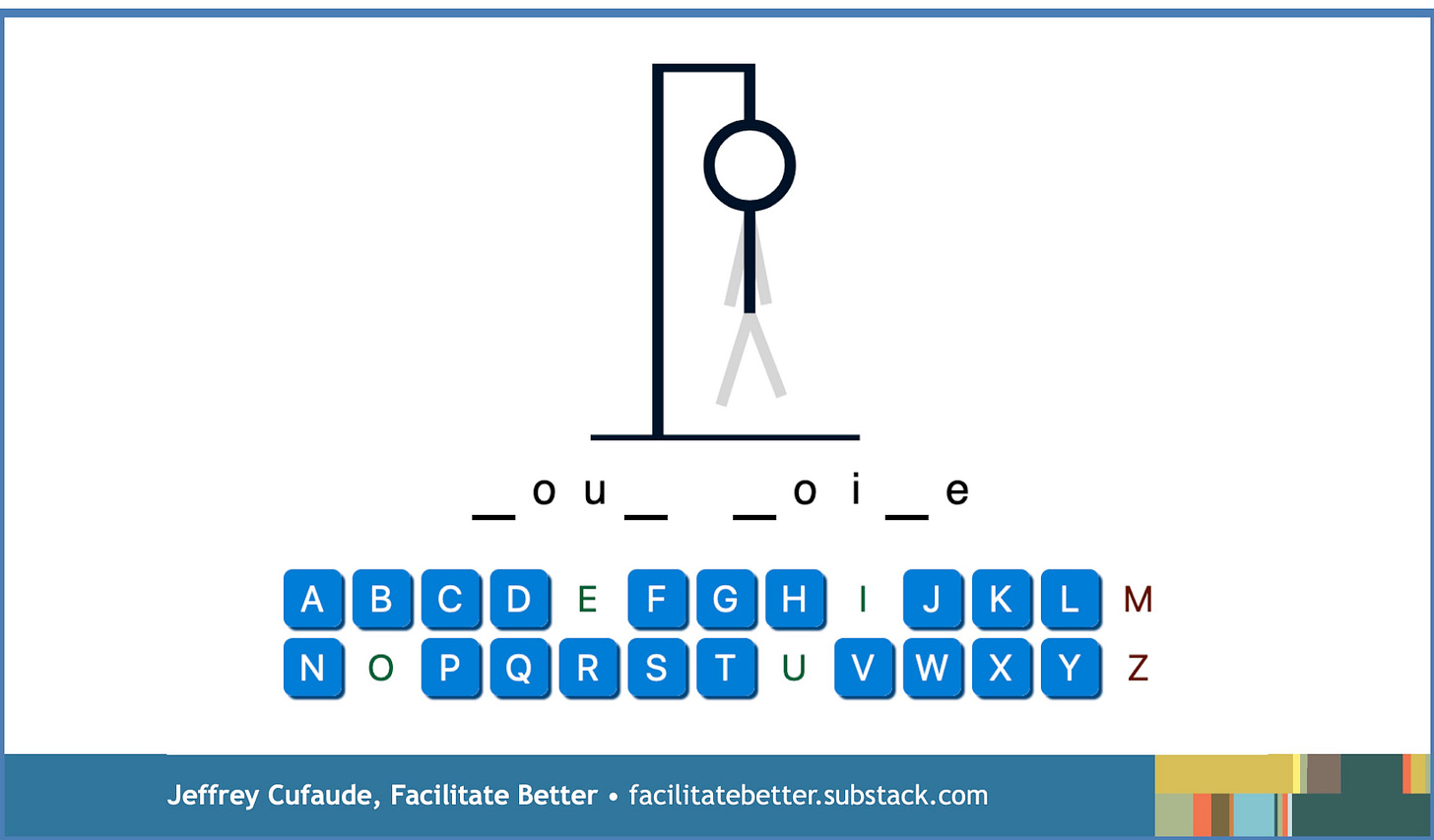 Stick-figure hangman game with two words. First word shows _ o u _ and second word shows _o I _ e.