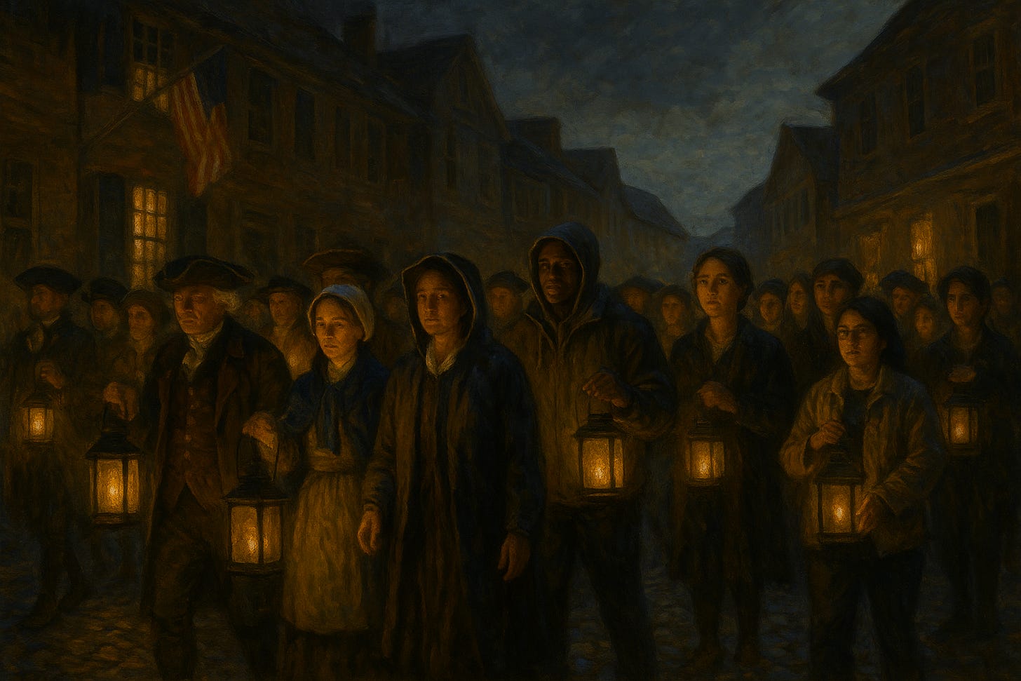 Classical oil painting of diverse Americans from past and present walking together on a colonial street at night, holding glowing lanterns that resemble smartphones, symbolizing unity, hope, and the endurance of democracy after conflict.