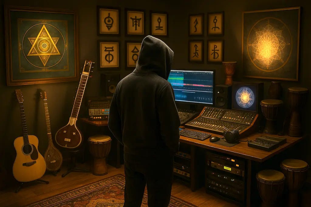 Homem encapuzado de costas em um estúdio repleto de instrumentos musicais exóticos e painéis com geometria sagrada, iluminado por tons quentes e luz suave, com telas exibindo formas sonoras.