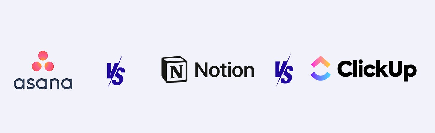 Comparison of Asana, Notion, and ClickUp logos highlighting top project management tools for CEOs improving delegation systems. Comparison of Asana, Notion, and ClickUp logos highlighting top project management tools for CEOs improving delegation systems.