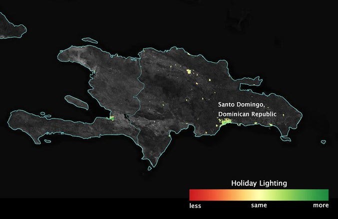 "Satellite Sees Holiday Lights Brighten Cities - Puerto Rico and Hispaniola" by NASA Goddard Photo and Video is licensed under CC BY 2.0