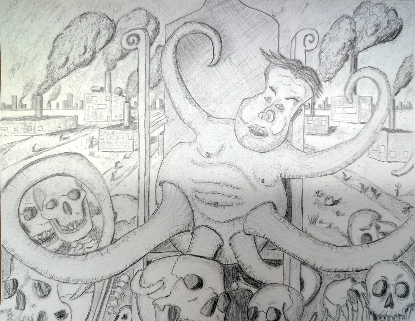 Pencil drawing of a tentacled creature in a thrown on a pile of skulls and bones Pencil drawing of a tentacled creature in a thrown on a pile of skulls and bones