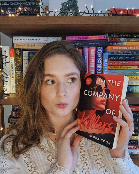 Photos of Elora holding an advanced copy of In the Company of Killers and one flatlay photo of all her advanced copies of the book.