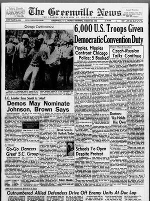 The front page of The Greenville News on Aug. 26, 1968.