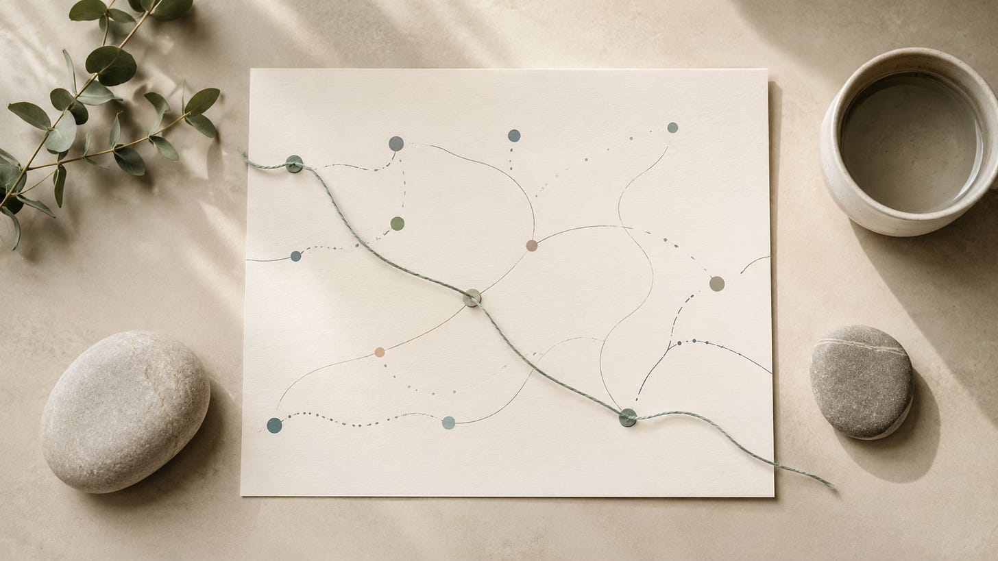 A blank page with soft abstract lines and a sage thread, suggesting a gentle emotional roadmap. A blank page with soft abstract lines and a sage thread, suggesting a gentle emotional roadmap.