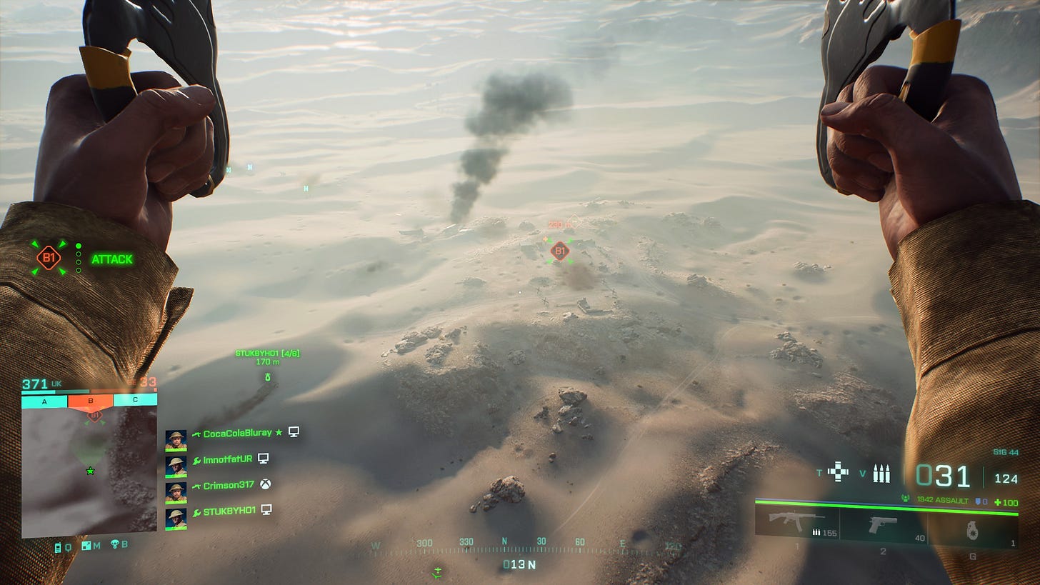 The player holds onto their parachute above the desert.