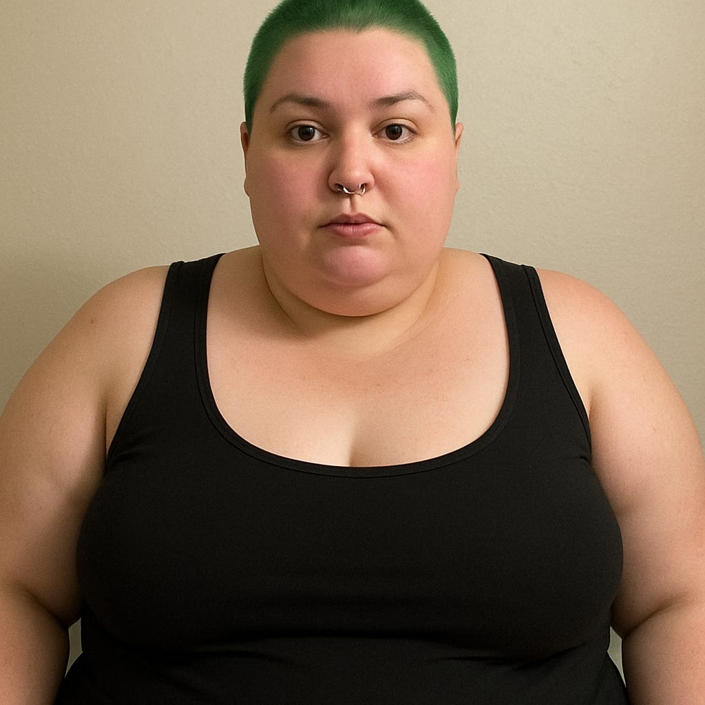 Woman with BMI 45, nose ring, short green hair, TikTok style profile picture