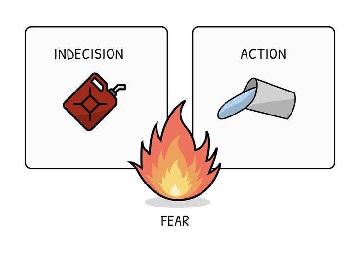 This may contain: an image of a fire with the words indecision, action and fear