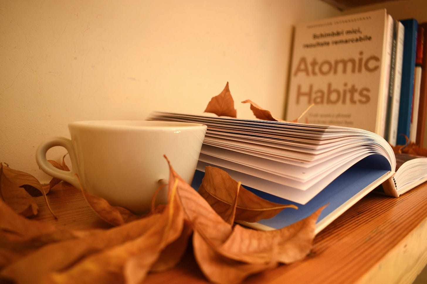 Shelf of books with coffee cup