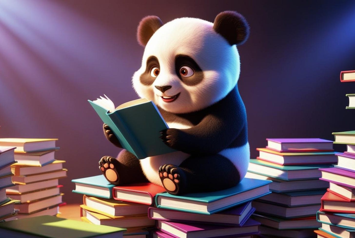 Illustration of a happy cartoon panda reading a book while surrounded by piles of books