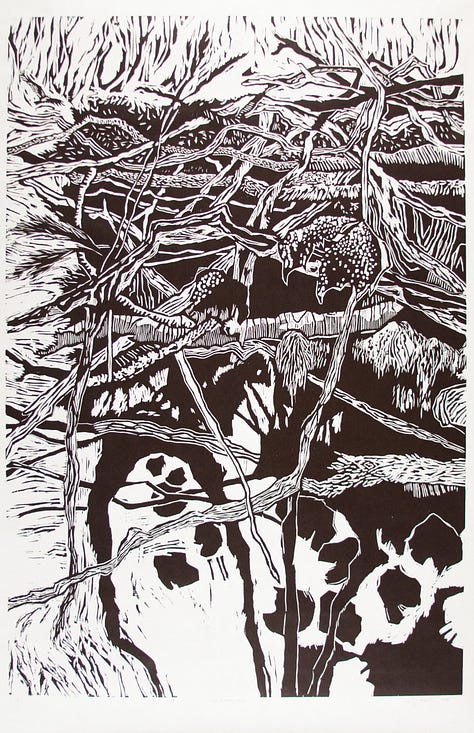 Large scale black and white woodcut by artists, Michael Rich