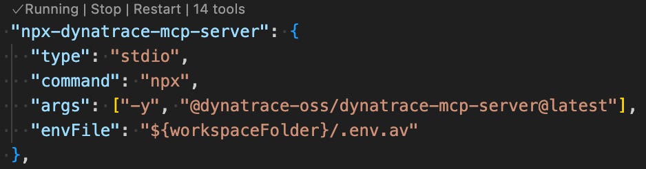 Dynatrace MCP server configuration snippet in mcp.json. Above the MCP server name are: “Running | Restart | 14 tools”.