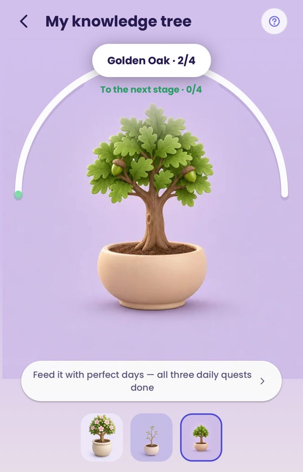 The knowledge tree grown into a Golden Oak, with a note about feeding it with perfect days. The knowledge tree grown into a Golden Oak, with a note about feeding it with perfect days.