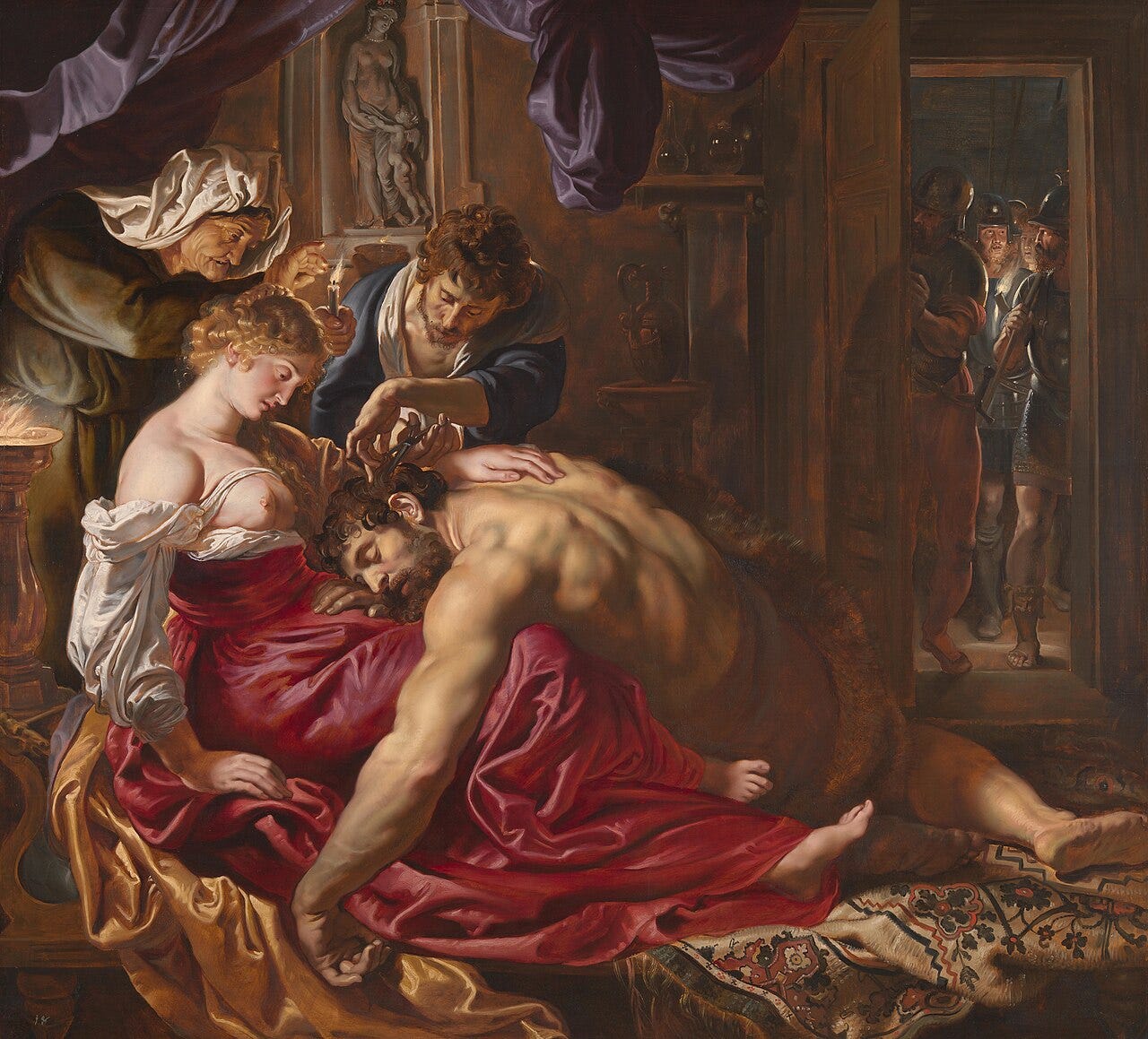 Peter Paul Rubens, Samson and Delilah, the muscular hero asleep as his hair is cut Peter Paul Rubens, Samson and Delilah, the muscular hero asleep as his hair is cut