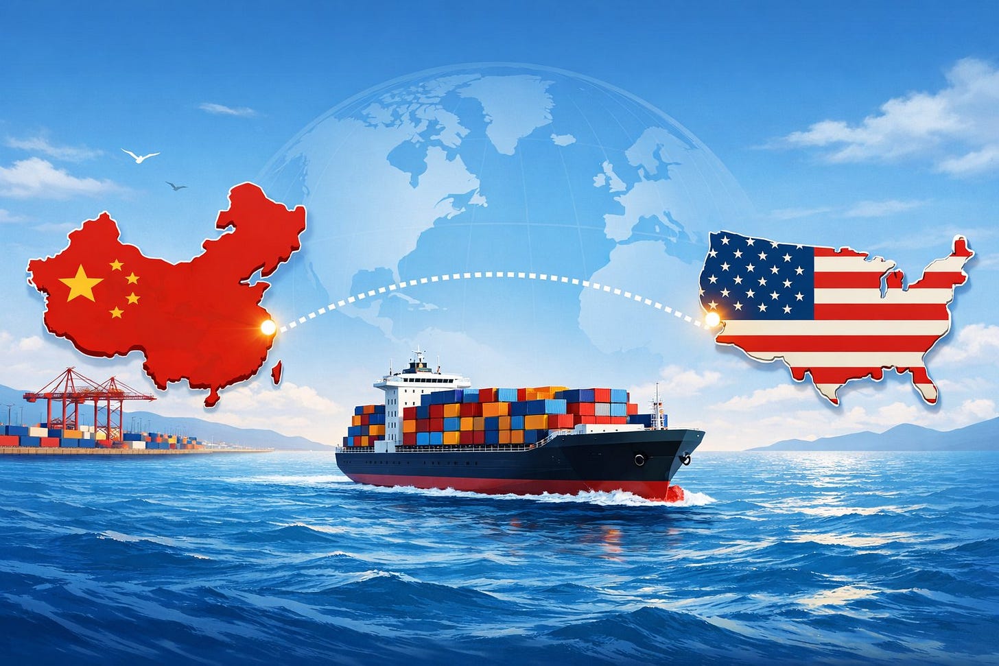 A cargo ship carrying containers sails across the ocean from China to the United States, with map outlines of both countries connected by a dotted route line. A cargo ship carrying containers sails across the ocean from China to the United States, with map outlines of both countries connected by a dotted route line.