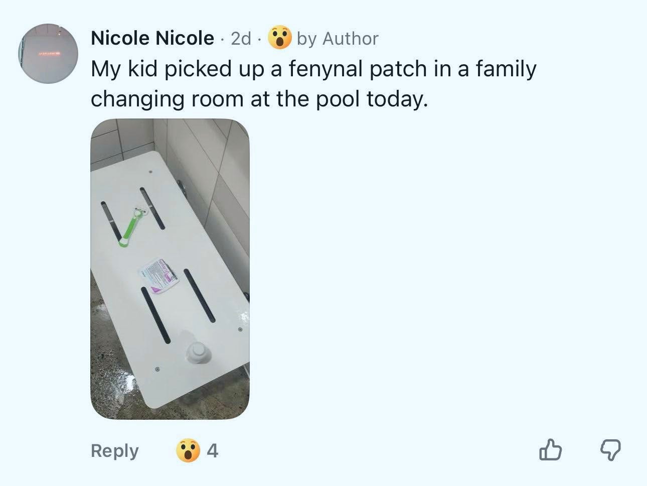 May be an image of text that says 'Nicole Nicole 2d by Author My kid picked up a fenynal patch in a family family changing room at the pool today. Reply 4' May be an image of text that says 'Nicole Nicole 2d by Author My kid picked up a fenynal patch in a family family changing room at the pool today. Reply 4'