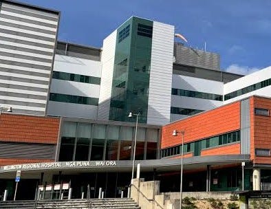 Photo of Wellington Hospital front, showing steps and main entrance from Riddiford Street, Newtown. Sign above main entrance reads: Wellington Regional Hospital Nga Puna Waiora. 