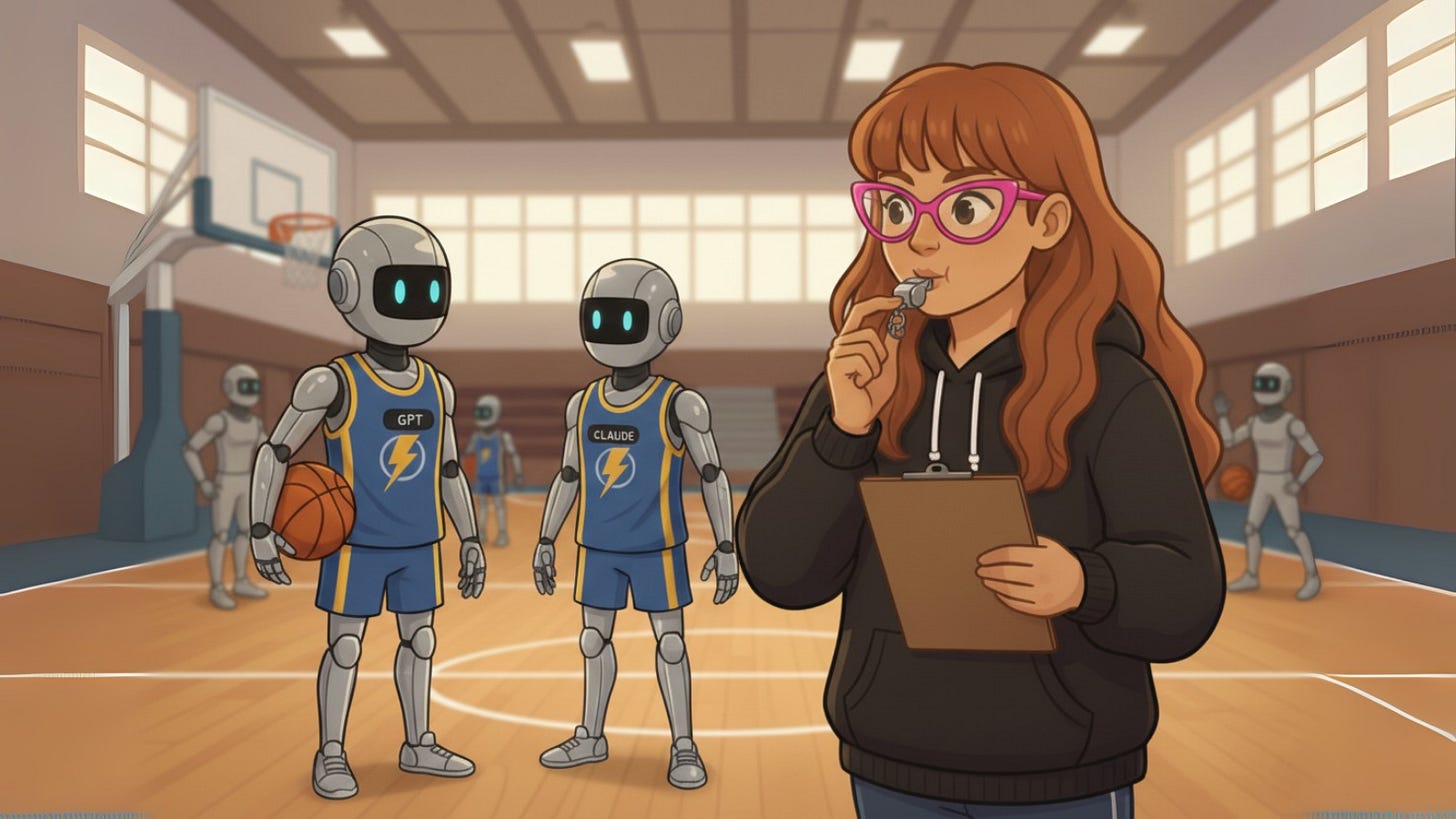 Illustration of a woman with long brown hair, pink glasses, and black hoodie holding a clipboard and whistle on a basketball court, coaching two robot players wearing blue jerseys labeled 'GPT' and 'CLAUDE' with lightning bolt logos, representing AI collaboration and team-building strategy
