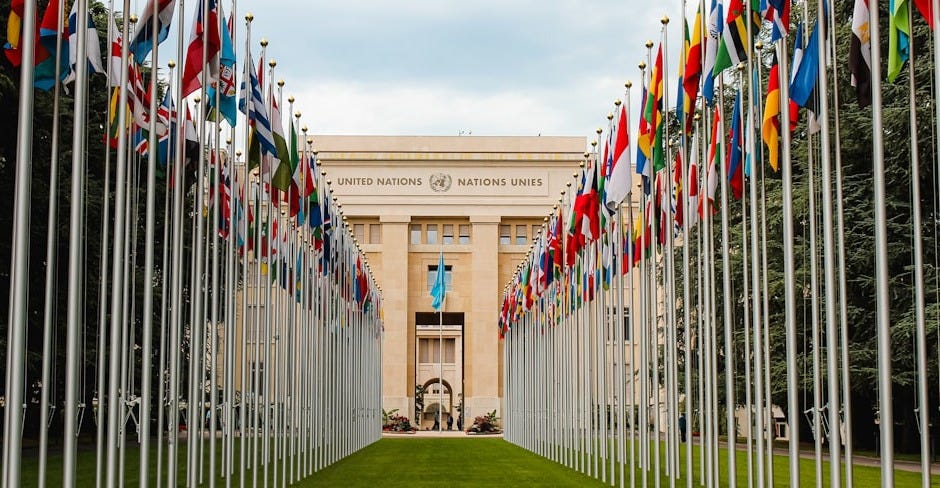 flags on green grass field near brown concrete building during daytime