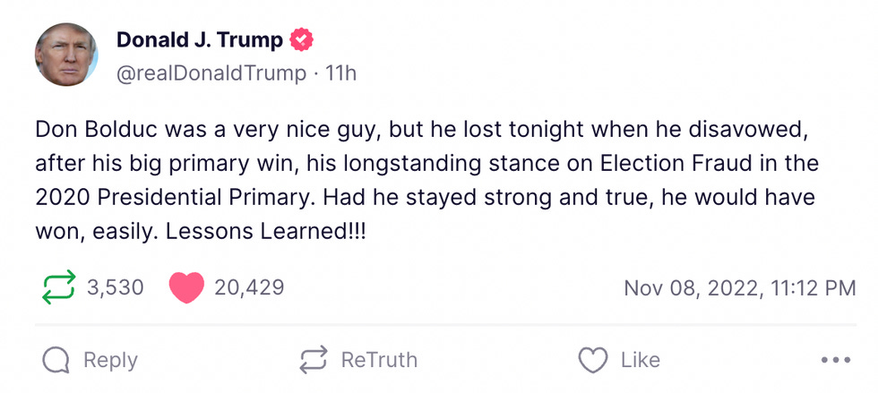 Don Bolduc was a very nice guy, but he lost tonight when he disavowed, after his big primary win, his longstanding stance on Election Fraud in the 2020 Presidential Primary. Had he stayed strong and true, he would have won, easily. Lessons Learned!!! Don Bolduc was a very nice guy, but he lost tonight when he disavowed, after his big primary win, his longstanding stance on Election Fraud in the 2020 Presidential Primary. Had he stayed strong and true, he would have won, easily. Lessons Learned!!!