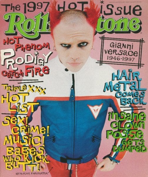 Keith Flint on the cover of Rolling Stone in 1997 with flaming Fire red hair. Keith Flint on the cover of Rolling Stone in 1997 with flaming Fire red hair.