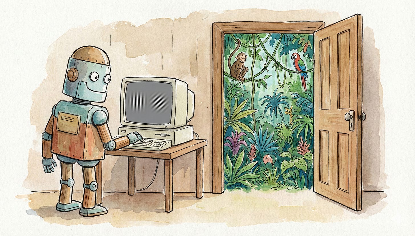 An illustration of a robot, standing in front of a computer screen with two gabor patches on it, and looking toward a door through which a wild jungle can be seen. Generated by Gemini. An illustration of a robot, standing in front of a computer screen with two gabor patches on it, and looking toward a door through which a wild jungle can be seen. Generated by Gemini.