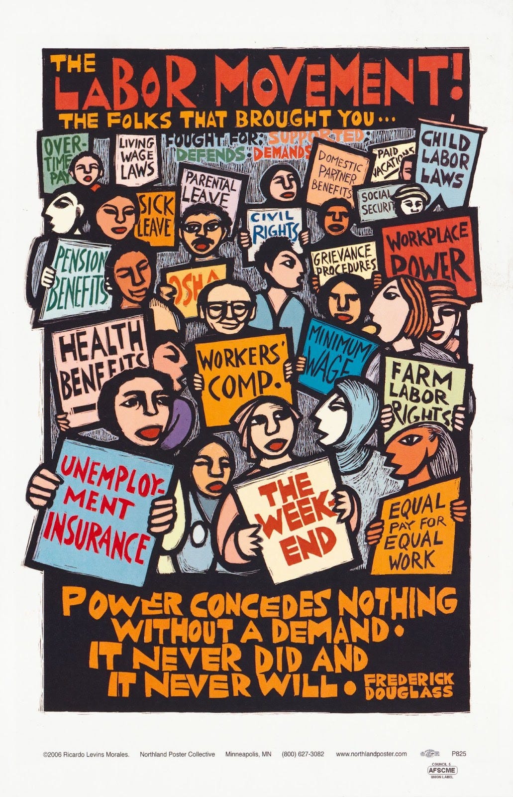 an illustration displays a crowd of people holding colorful signs with different workplace rights and benefits on them an illustration displays a crowd of people holding colorful signs with different workplace rights and benefits on them