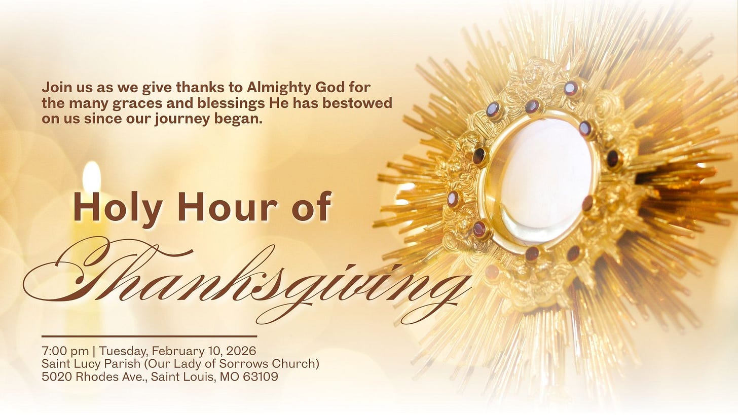 Graphic inviting readers to a Holy Hour of Thanksgiving for God’s graces during a cancer journey.