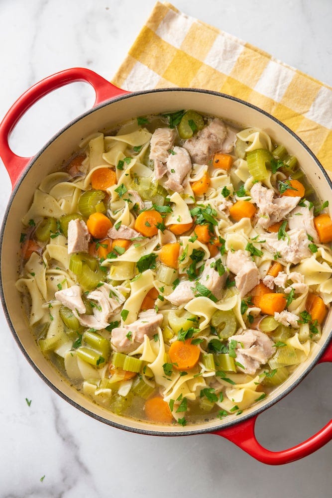 hearty pot of chicken noodle soup