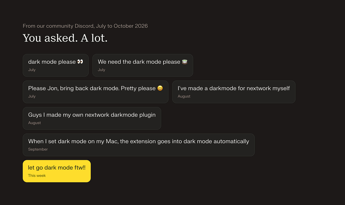 Dark mode requests from our community Discord, July to October Dark mode requests from our community Discord, July to October