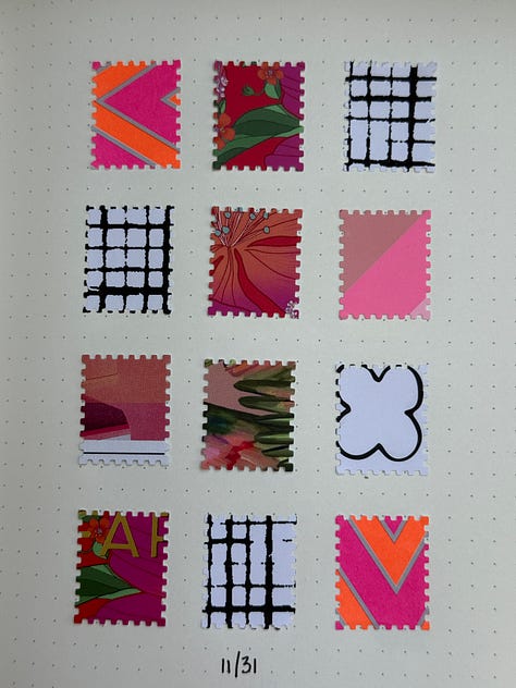 sketchbook with 12 tiny stamp cut images pasted uniformally on the page