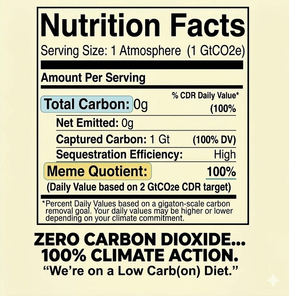A nutrition facts label for "1 atmosphere (1 GtCO2e)": total carbon 0g, net emitted 0g, captured carbon 1 Gt (100% DV), sequestration efficiency high, meme quotient 100%. Below: "Zero carbon dioxide... 100% climate action. We're on a low carb(on) diet."