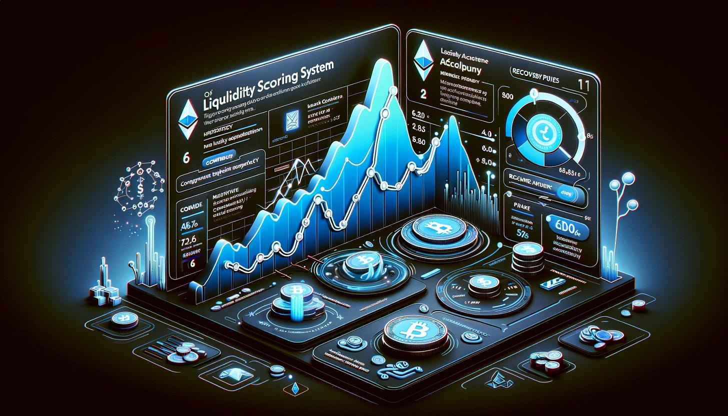 A visually compelling infographic illustrating the liquidity scoring system of Compound on Ethereum. The graphic should depict a large, dynamic line graph showing a sharp decline from a score of 6 to 1, followed by a robust recovery back to 6, set against a dark background. Include annotations highlighting key events like 'Market Adjustment', 'Platform Updates', and 'Recovery Phase'. Integrate elements symbolizing Ethereum and the decentralized finance ecosystem, such as Ethereum logos and digital currency symbols. The overall style should be sleek, modern, and suitable for a financial technology audience.