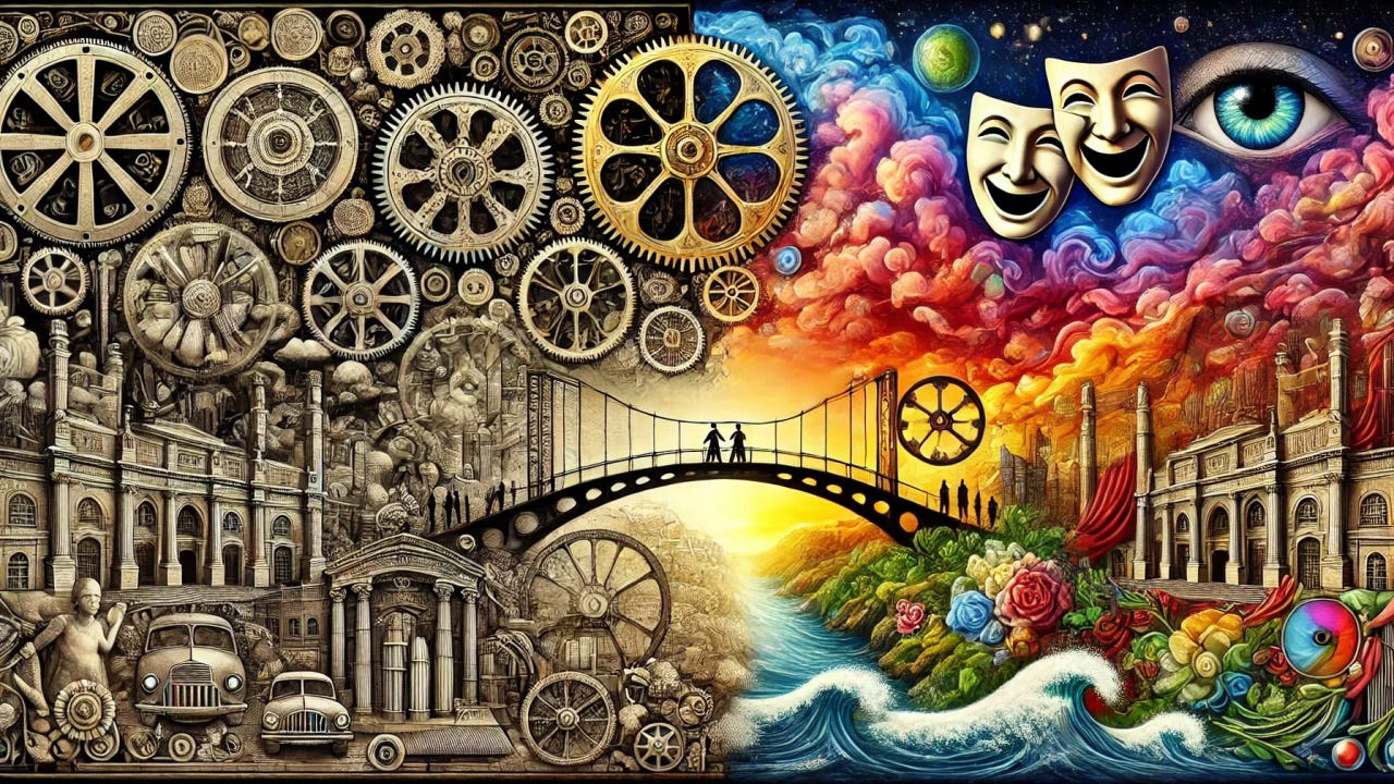 Ilustración surrealista de un puente que conecta dos mundos: uno mecánico con engranajes, fábricas y autos clásicos, y otro lleno de colores vivos, flores, olas y máscaras teatrales. Simboliza la conexión entre lo industrial y lo artístico, la razón y la emoción.