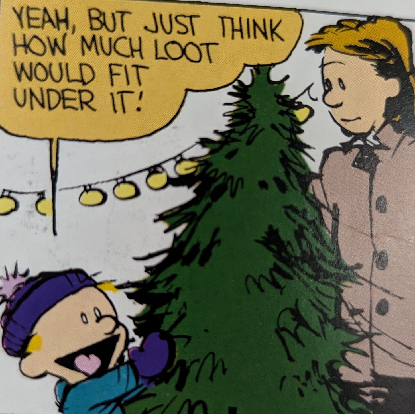 The boy tells is mom "But this about how much loot we can fit under it!" regarding a large Christmas tree they are thinking about buying.