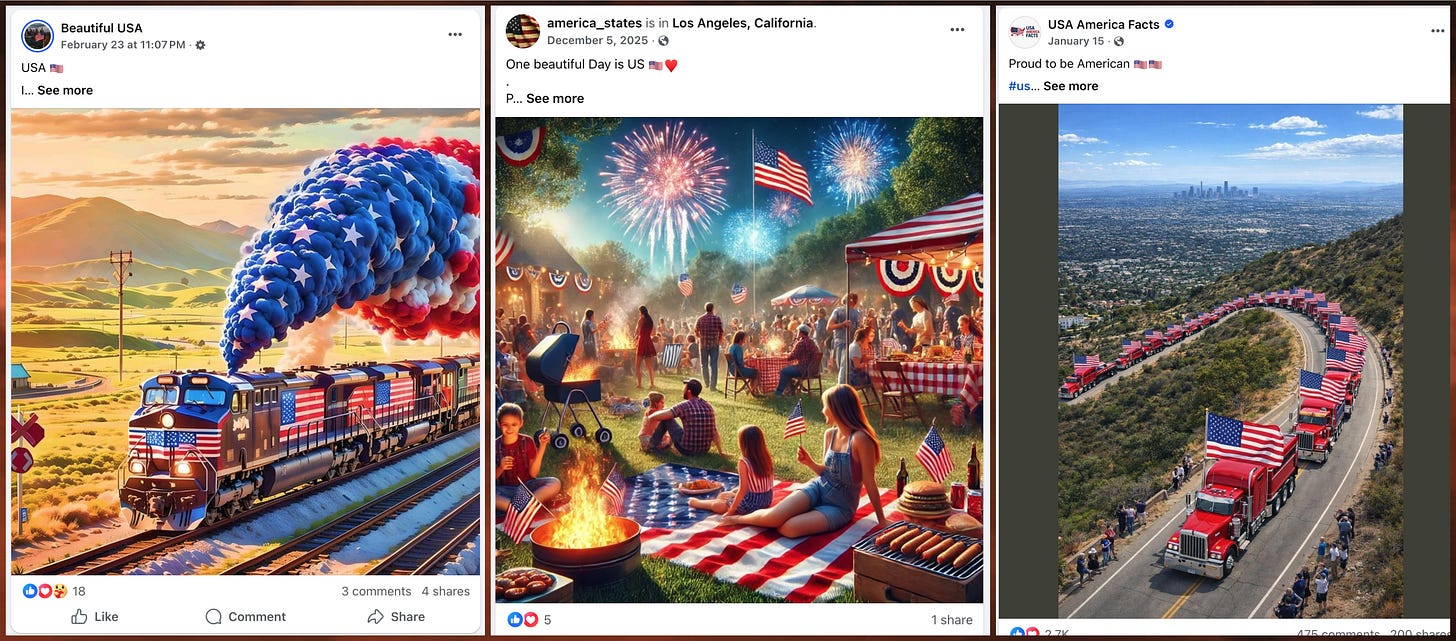 collage of posts containing unrealistic AI-generated images full of US flags collage of posts containing unrealistic AI-generated images full of US flags