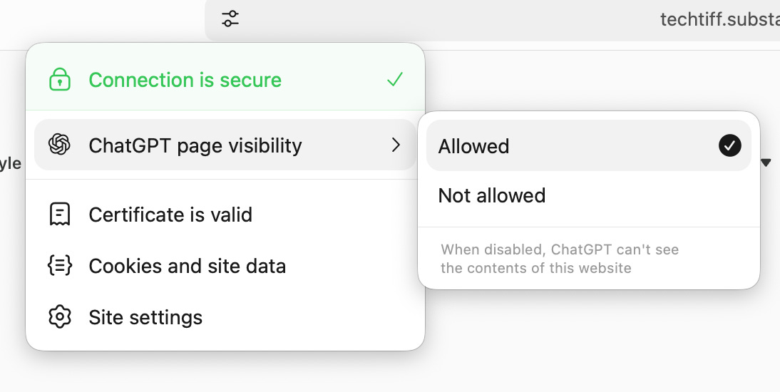 Screenshot showing the ChatGPT Atlas browser security settings menu with the “Connection is secure” status highlighted and “ChatGPT page visibility” set to “Allowed.” The dropdown explains that when disabled, ChatGPT can’t see the contents of the website.
