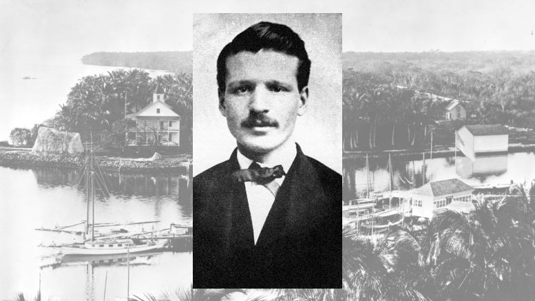 Portrait of William Brickell superimposed on Brickell Point.