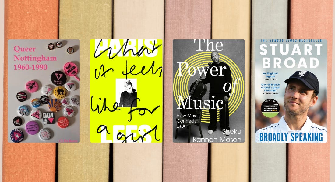 Four book covers on a background with red, green, beige, purple, and blue book spines