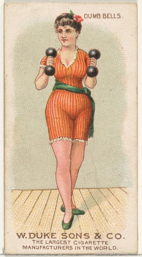 vintage illustration of a woman lifting dumbells. it is a cigarette ad.