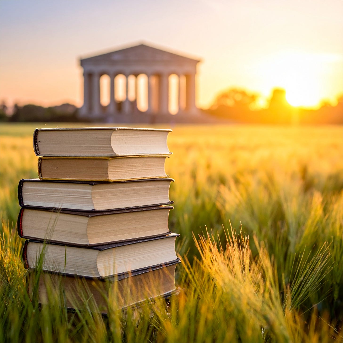 A stack of books in the foreground of a grassy field, with a columned Greek-style building in the background.